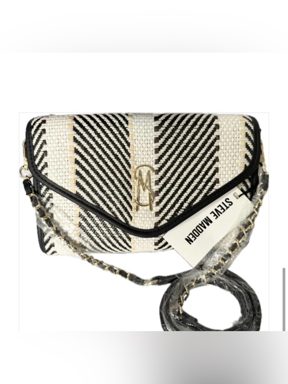 Steve Madden Black and Cream Straw Woven Crossbody Clutch